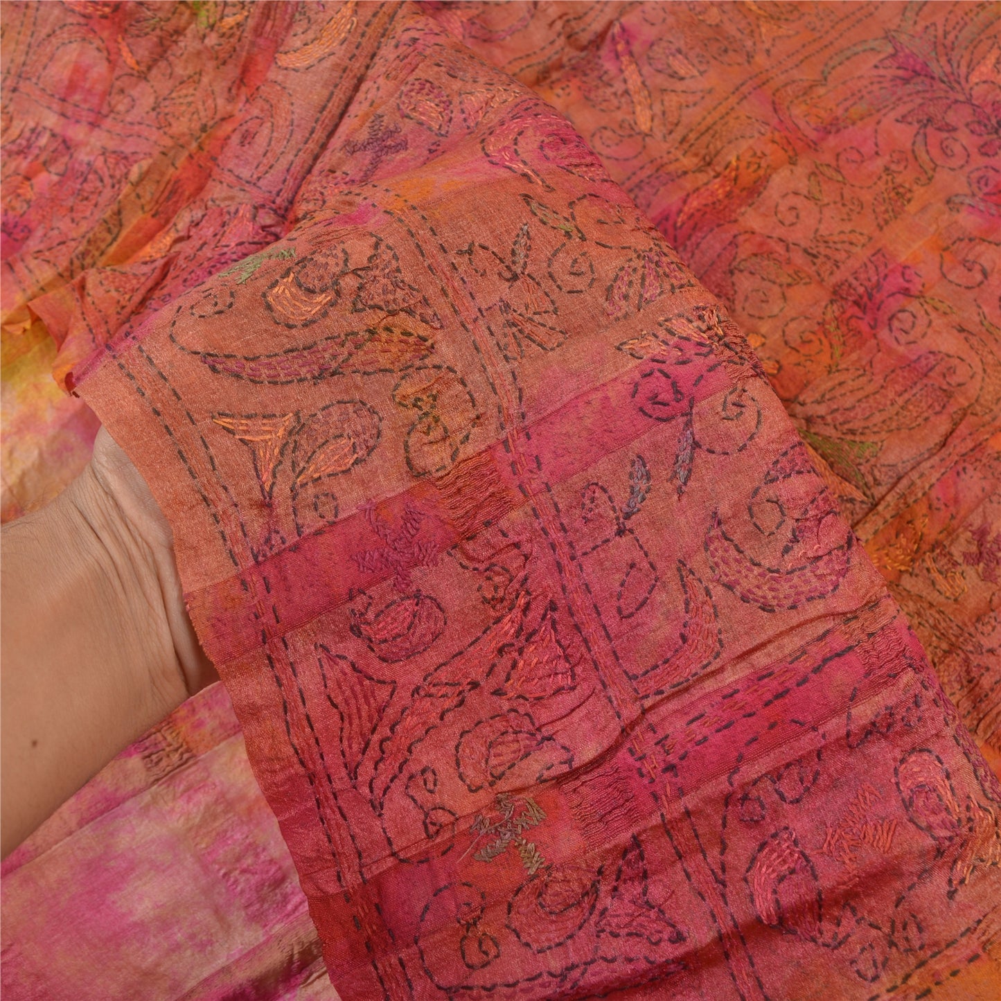 Sanskriti Vintage Sarees Pure Silk Hand Embroidered Kantha Premium Sari Sustainable Fabric