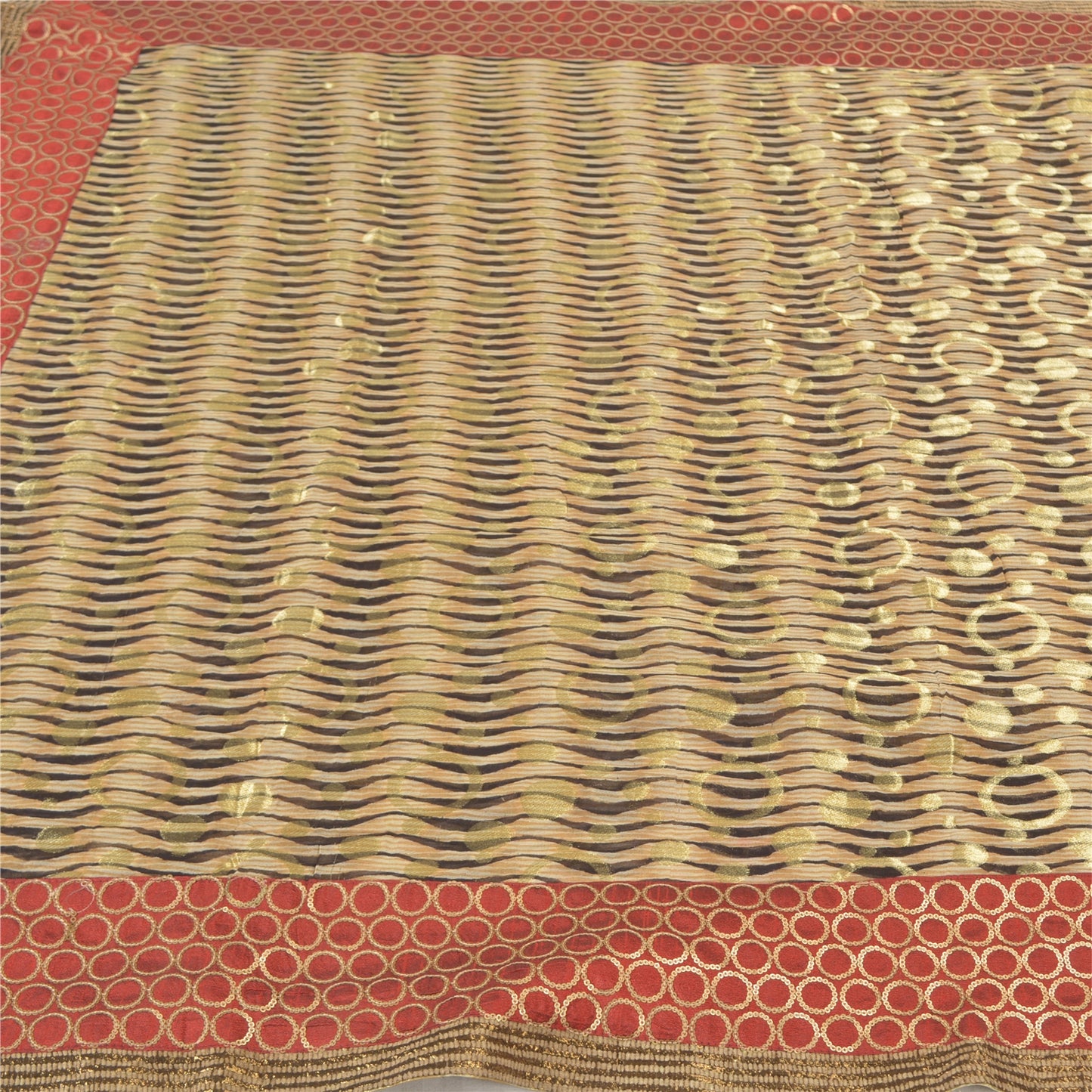 Sanskriti Vintage Cream Sarees Georgette Embroidered Cultural Sari 5 Yard Sustainable Fabric