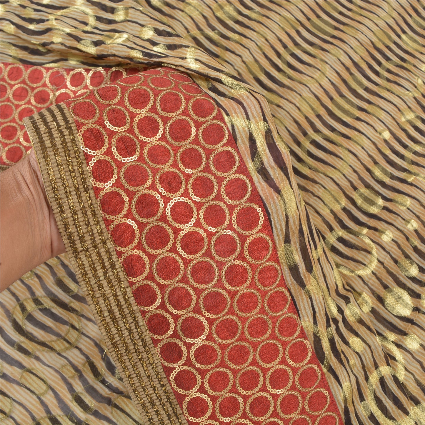 Sanskriti Vintage Cream Sarees Georgette Embroidered Cultural Sari 5 Yard Sustainable Fabric