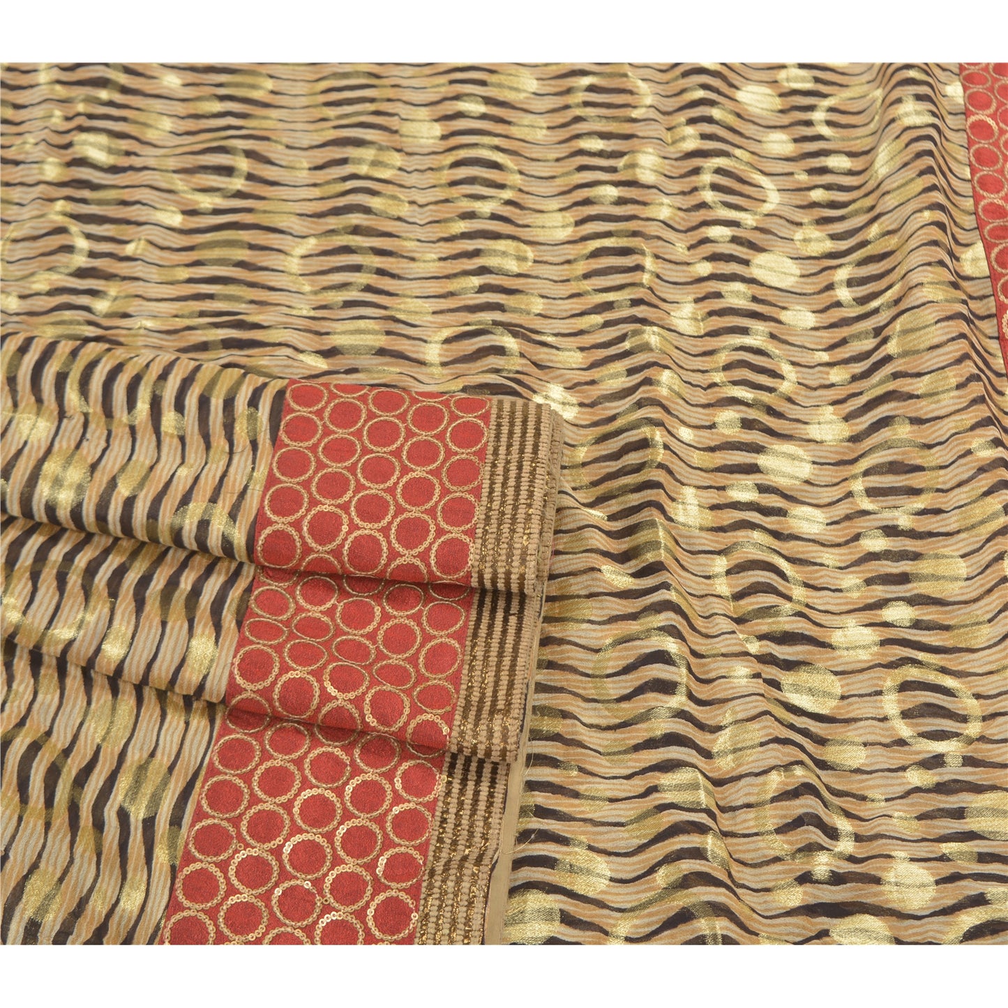 Sanskriti Vintage Cream Sarees Georgette Embroidered Cultural Sari 5 Yard Sustainable Fabric