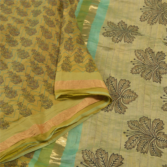 Sanskriti Vintage Green Sarees Pure Chanderi Silk Block Printed Sari Sustainable Fabric
