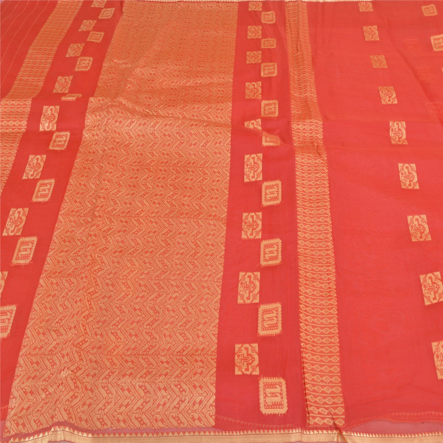 Sanskriti Vintage Red Saree Pure Organza Silk Handwoven Tant Craft Sari Sustainable Fabric