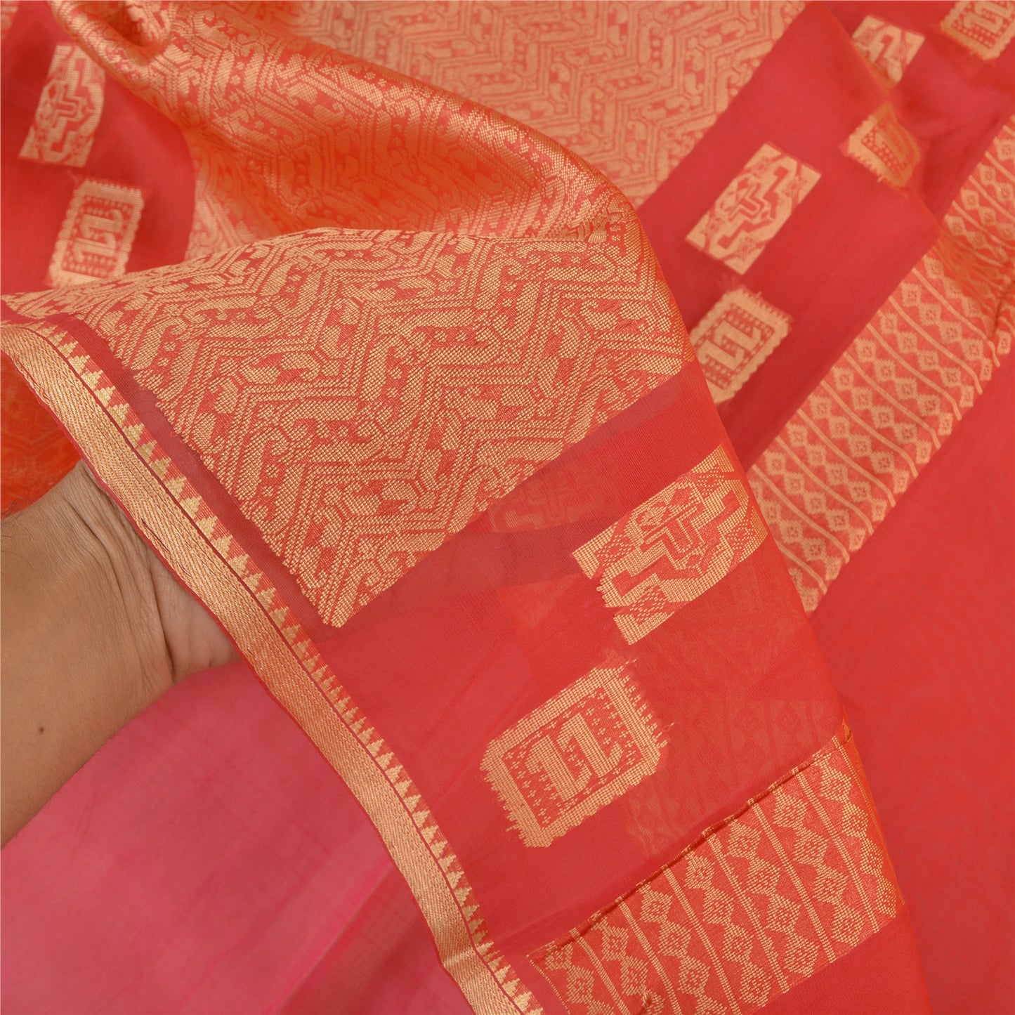 Sanskriti Vintage Red Saree Pure Organza Silk Handwoven Tant Craft Sari Sustainable Fabric