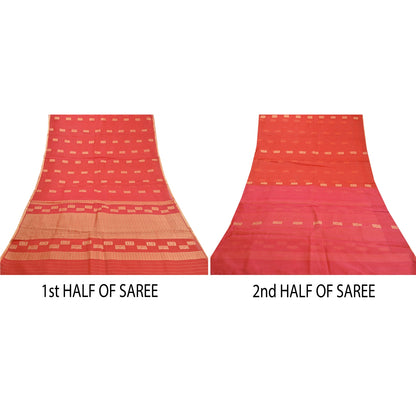 Sanskriti Vintage Red Saree Pure Organza Silk Handwoven Tant Craft Sari Sustainable Fabric