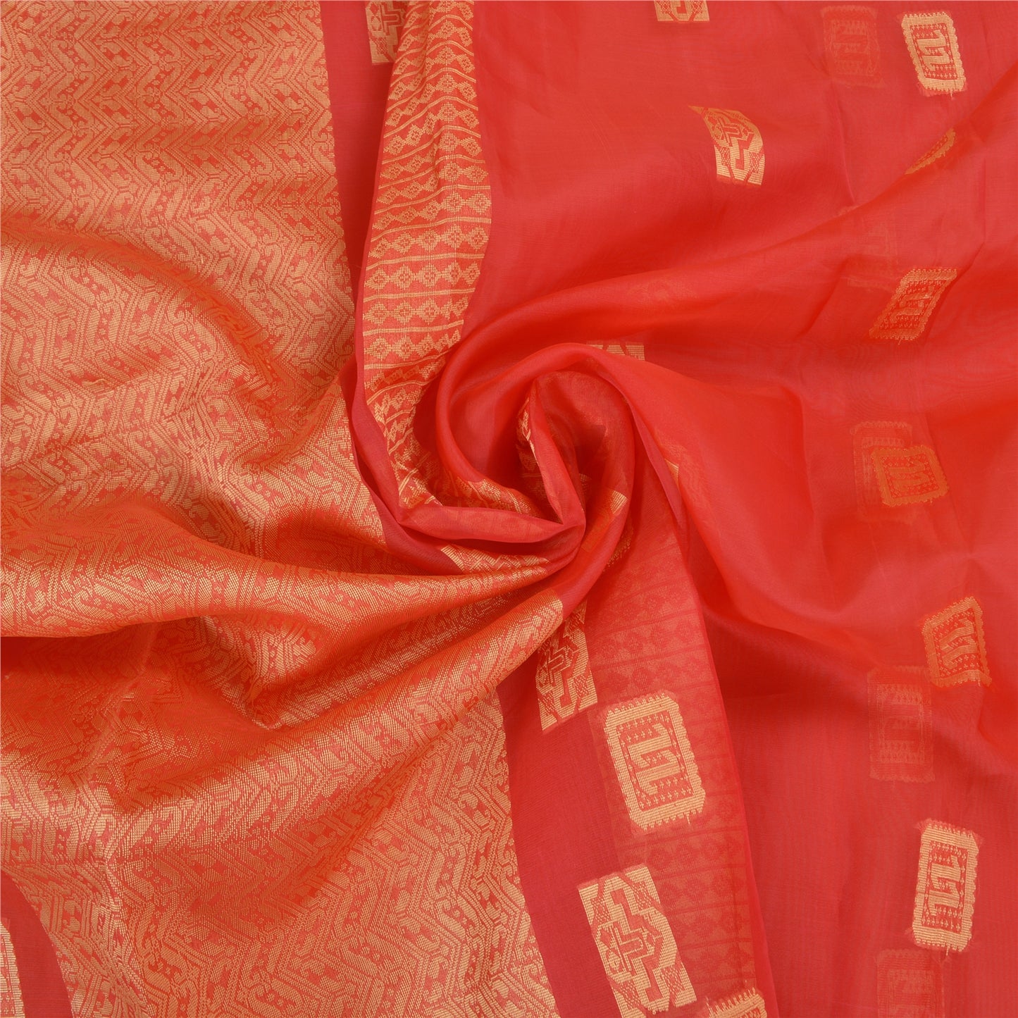 Sanskriti Vintage Red Saree Pure Organza Silk Handwoven Tant Craft Sari Sustainable Fabric