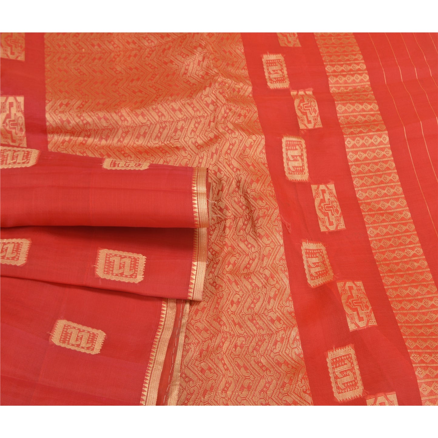 Sanskriti Vintage Red Saree Pure Organza Silk Handwoven Tant Craft Sari Sustainable Fabric