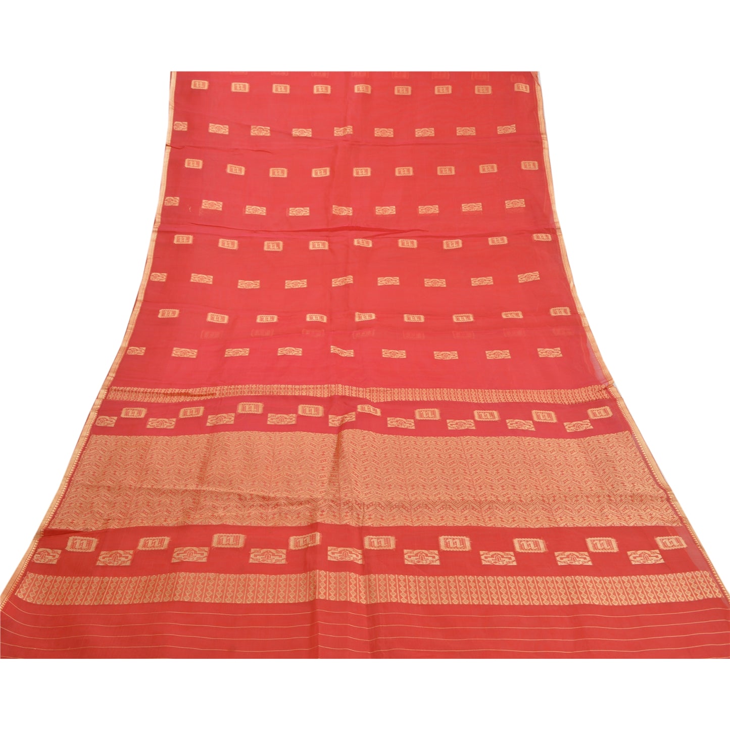 Sanskriti Vintage Red Saree Pure Organza Silk Handwoven Tant Craft Sari Sustainable Fabric