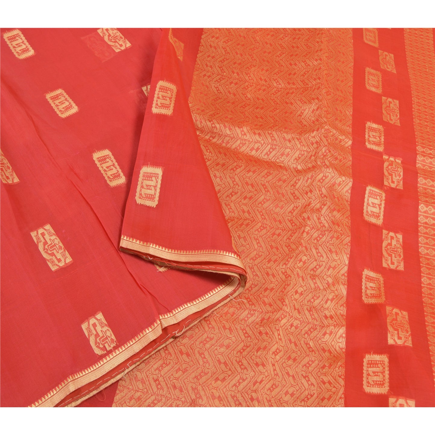 Sanskriti Vintage Red Saree Pure Organza Silk Handwoven Tant Craft Sari Sustainable Fabric