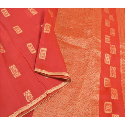 Sanskriti Vintage Red Saree Pure Organza Silk Handwoven Tant Craft Sari Sustainable Fabric