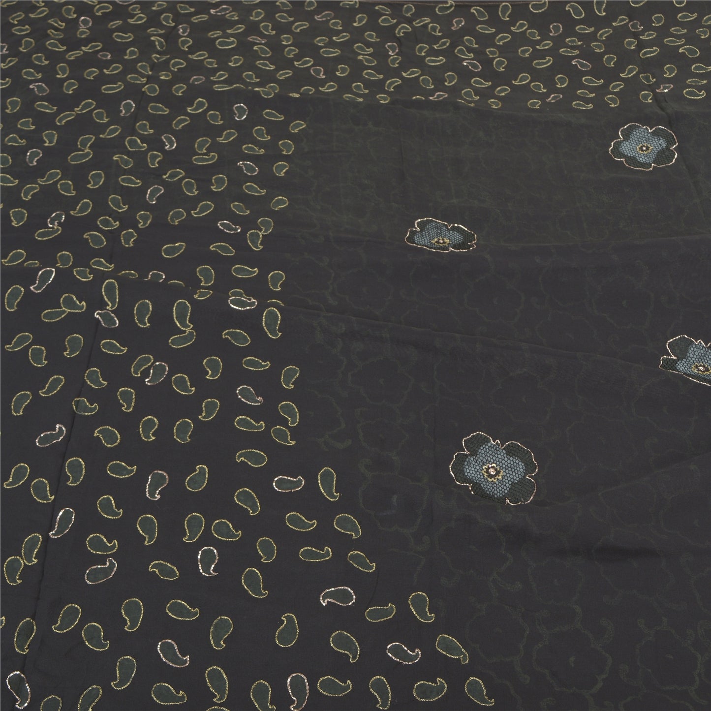 Sanskriti Vintage Black Sarees Pure Georgette Hand Embroidered Craft Sari Sustainable Fabric