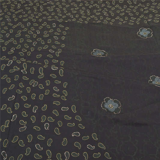 Sanskriti Vintage Black Sarees Pure Georgette Hand Embroidered Craft Sari Sustainable Fabric