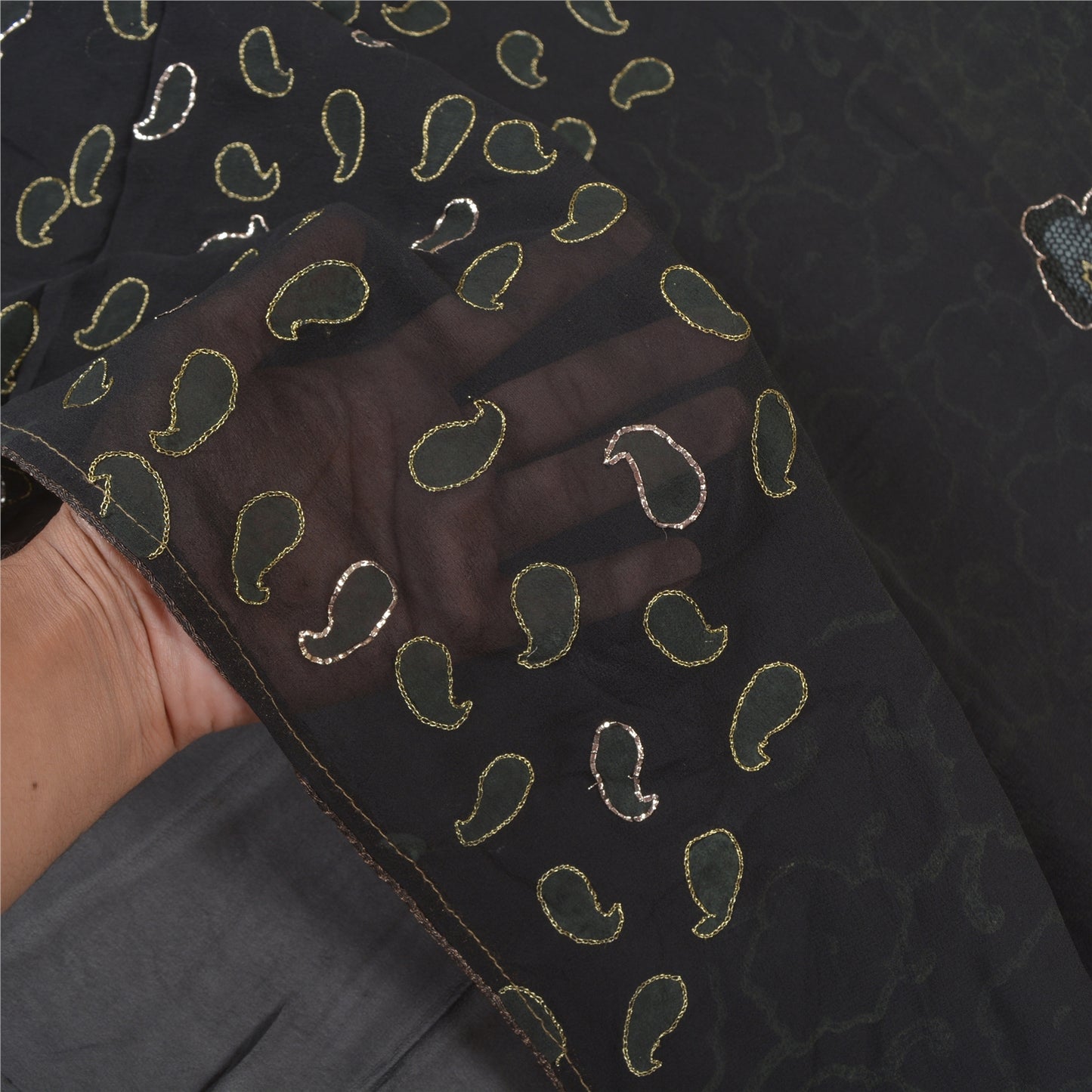 Sanskriti Vintage Black Sarees Pure Georgette Hand Embroidered Craft Sari Sustainable Fabric