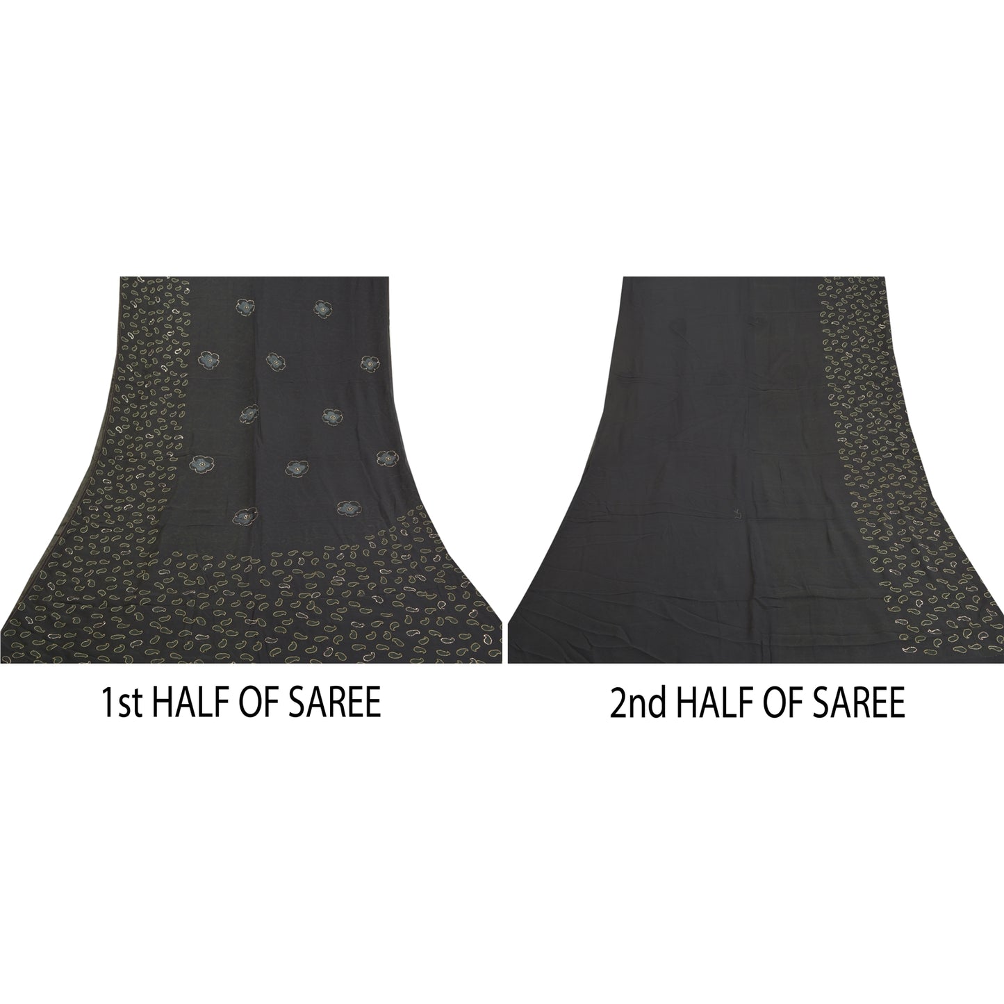 Sanskriti Vintage Black Sarees Pure Georgette Hand Embroidered Craft Sari Sustainable Fabric