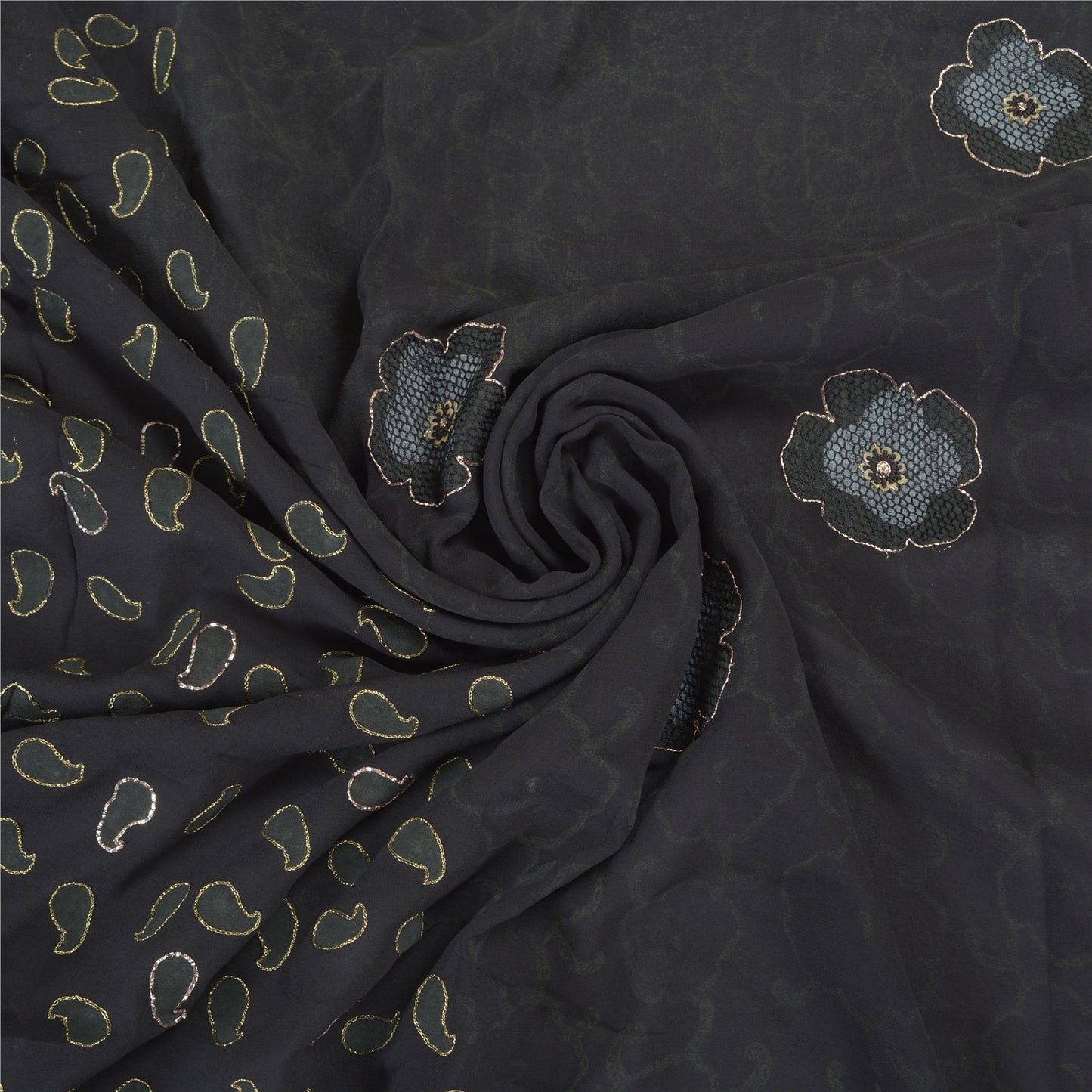 Sanskriti Vintage Black Sarees Pure Georgette Hand Embroidered Craft Sari Sustainable Fabric