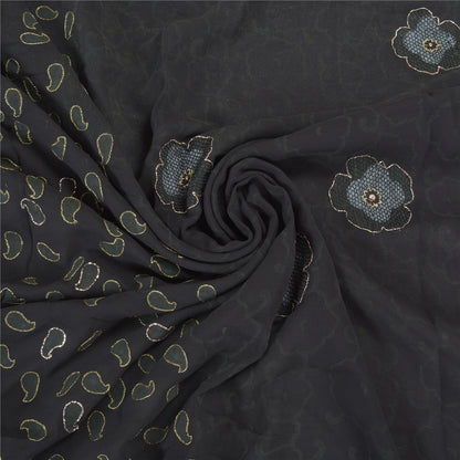 Sanskriti Vintage Black Sarees Pure Georgette Hand Embroidered Craft Sari Sustainable Fabric