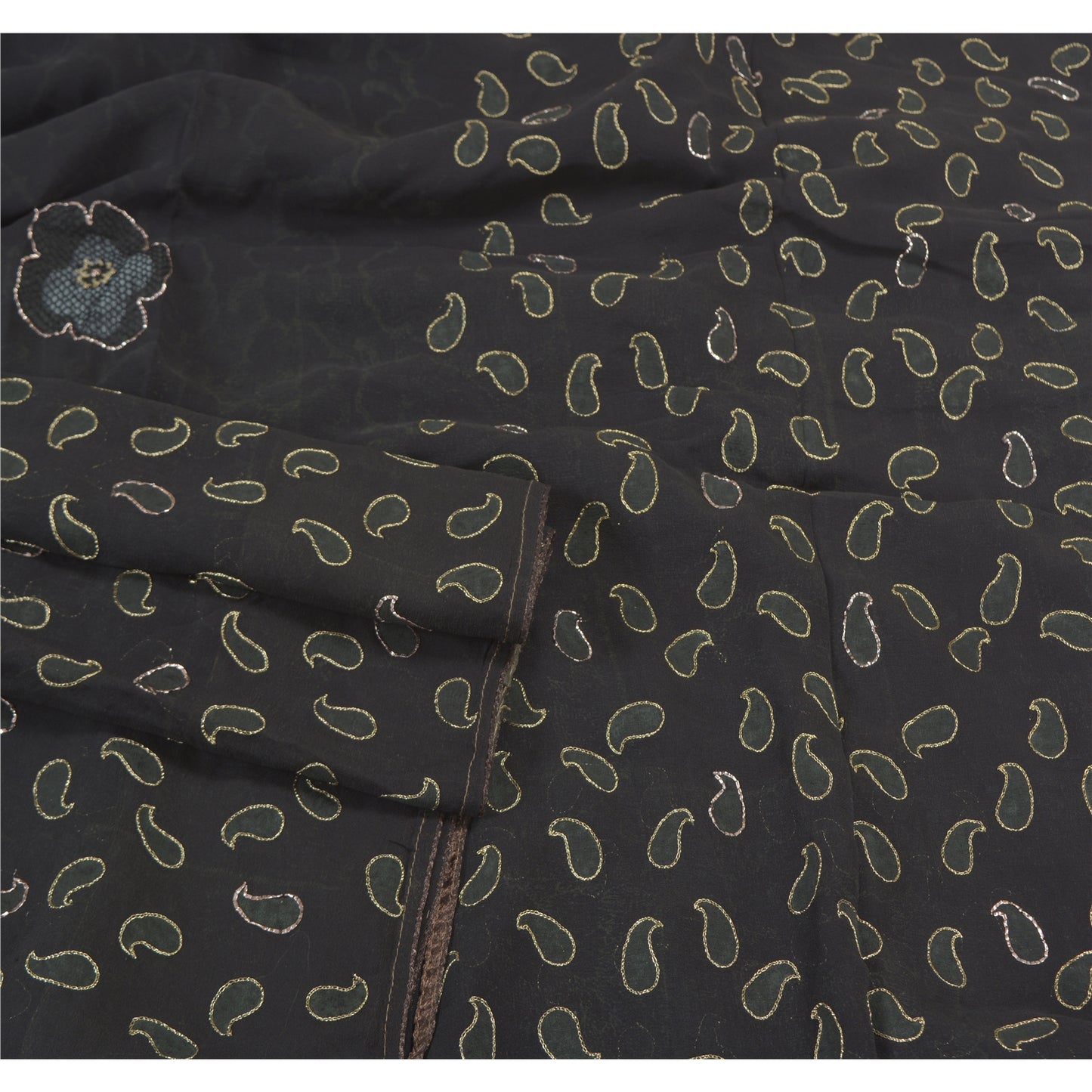 Sanskriti Vintage Black Sarees Pure Georgette Hand Embroidered Craft Sari Sustainable Fabric