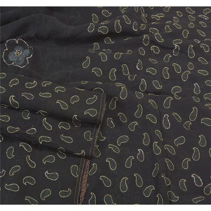 Sanskriti Vintage Black Sarees Pure Georgette Hand Embroidered Craft Sari Sustainable Fabric