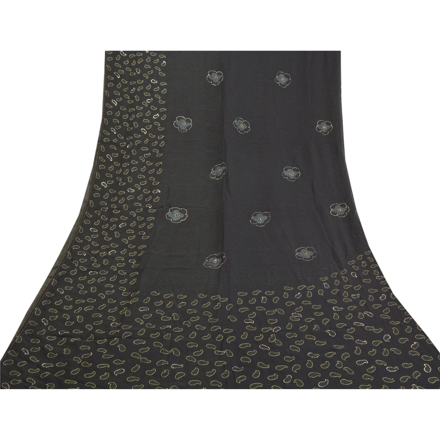 Sanskriti Vintage Black Sarees Pure Georgette Hand Embroidered Craft Sari Sustainable Fabric