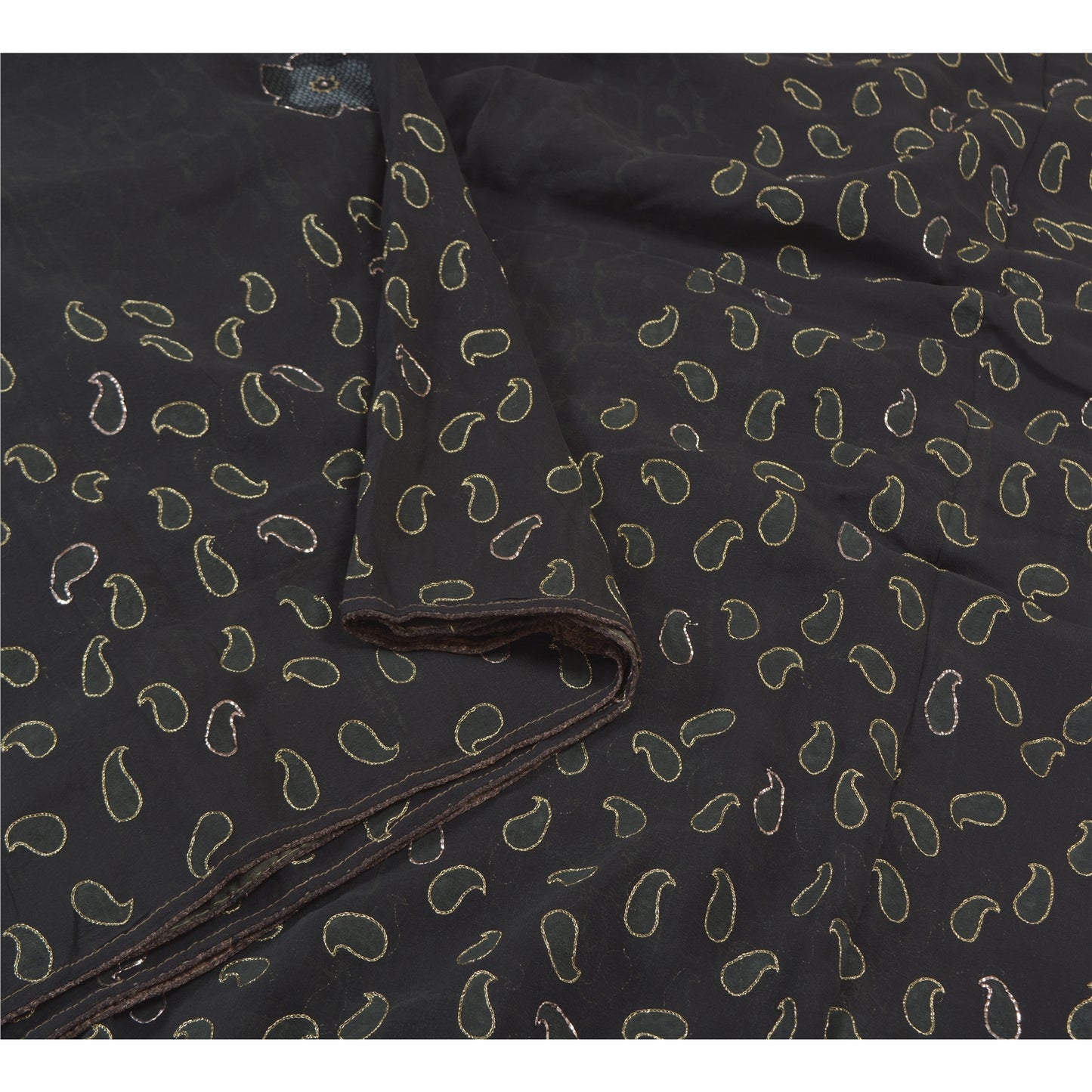 Sanskriti Vintage Black Sarees Pure Georgette Hand Embroidered Craft Sari Sustainable Fabric