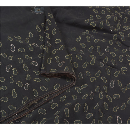 Sanskriti Vintage Black Sarees Pure Georgette Hand Embroidered Craft Sari Sustainable Fabric