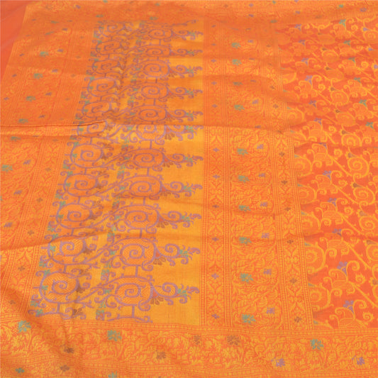Sanskriti Vintage Orange Sarees Pure Organza Silk Hand-Woven Premium Sari Sustainable Fabric