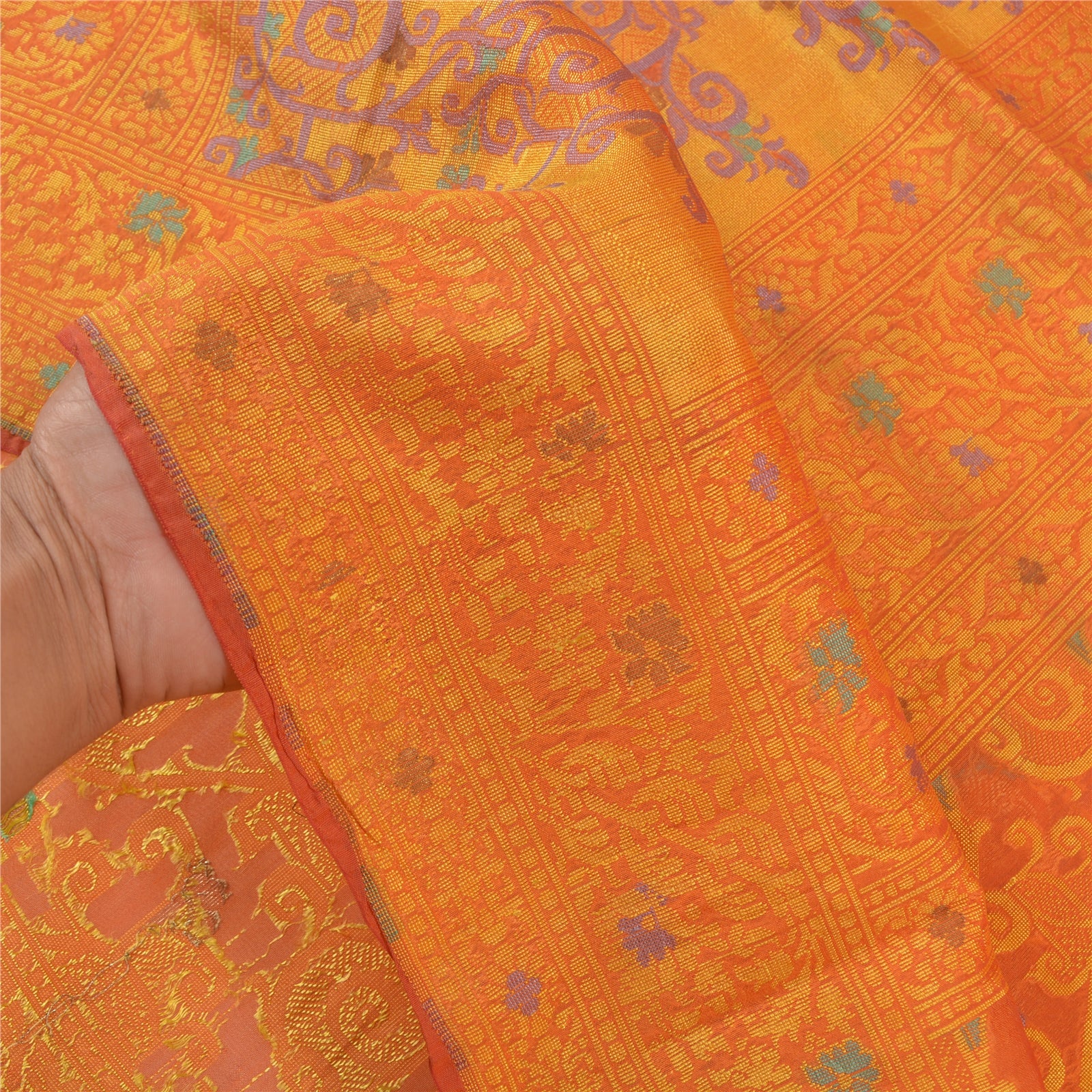 Сари Санскрити Винтаж Оранжевый Чистый Органза Шелк Ручной Работы Премиум Сари Экологичная Ткань