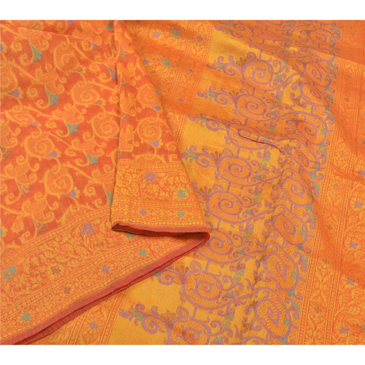 Sanskriti Vintage Orange Sarees Pure Organza Silk Hand-Woven Premium Sari Sustainable Fabric