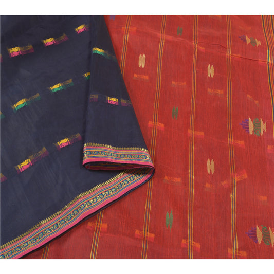 Sanskriti Vintage Blue Sarees Blend Silk Handwoven Bengali Tant Sari Sustainable Fabric