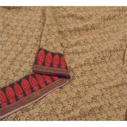 Sanskriti Vintage Beige Sarees Net Mesh Embroidered Sari 5 Yard Craft Sustainable Fabric