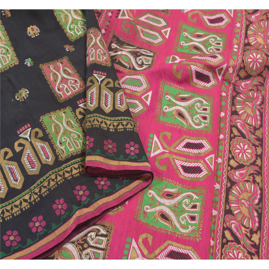 Санскрити Винтажные черные сари из хлопка черного цвета, расписанные вручную, премиальная ткань для сари из экологически чистой ткани