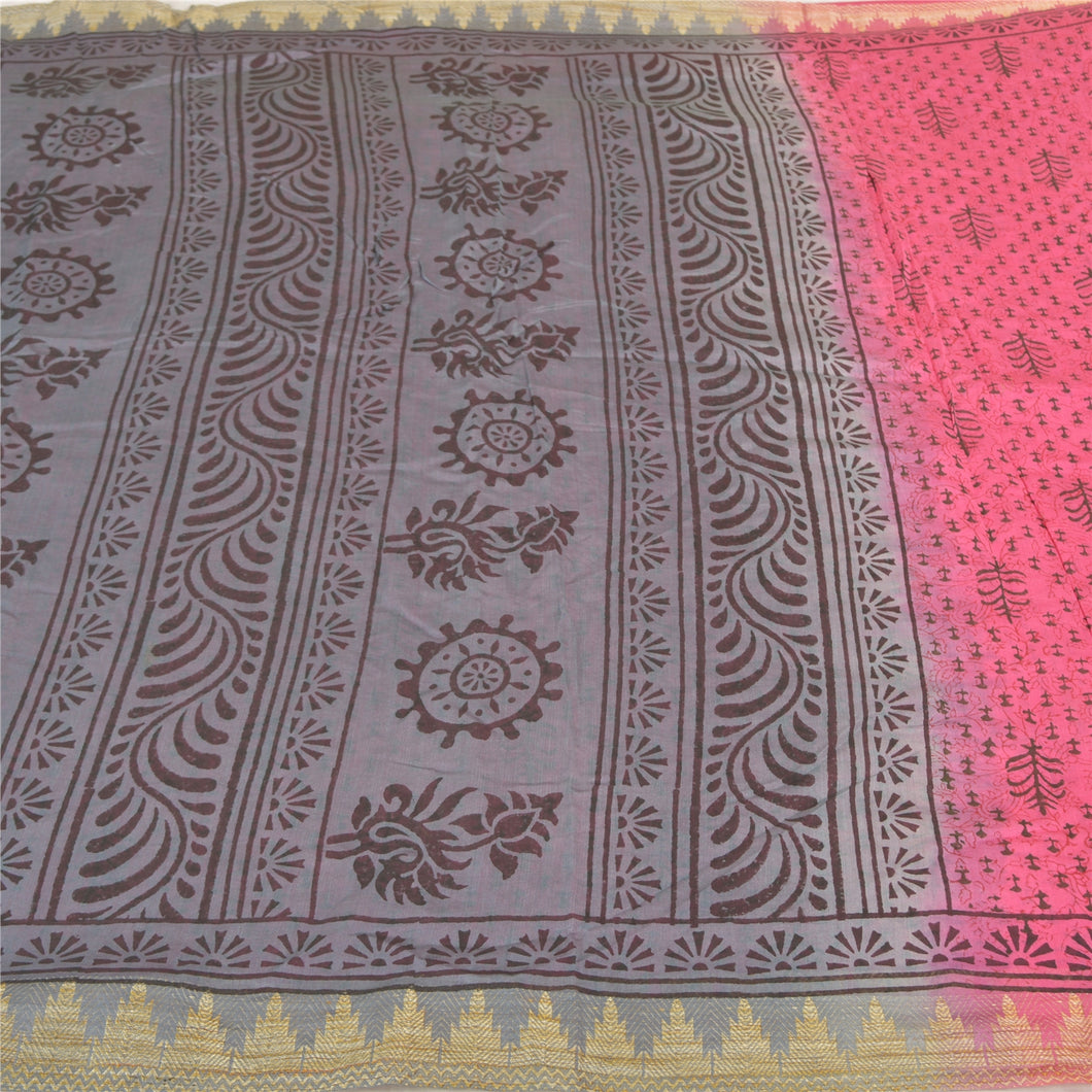 Sanskriti Vintage Indian Pink Sari Blend Silk Block Printed Sarees Craft Fabric