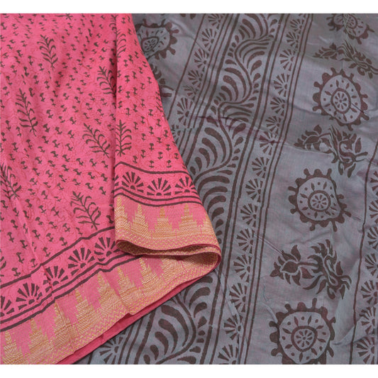 Sanskriti Vintage Indian Pink Sari Blend Silk Block Printed Sarees Craft Sustainable Fabric