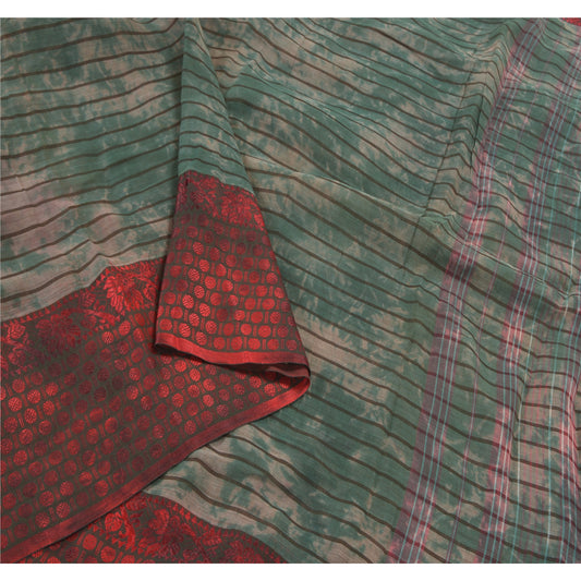 Sanskriti Vintage Green Sarees 100% Pure Silk Woven Tie & Dye Sari 5 Yard Sustainable Fabric