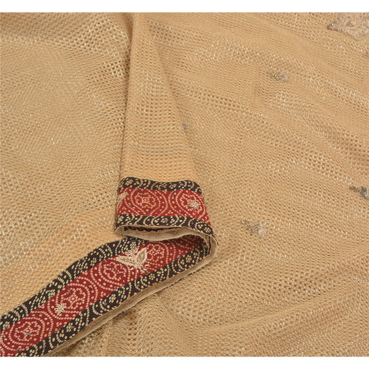 Sanskriti Vintage Sarees Net Mesh Ivory Hand Beaded Cultural Sari 5 Yard Sustainable Fabric