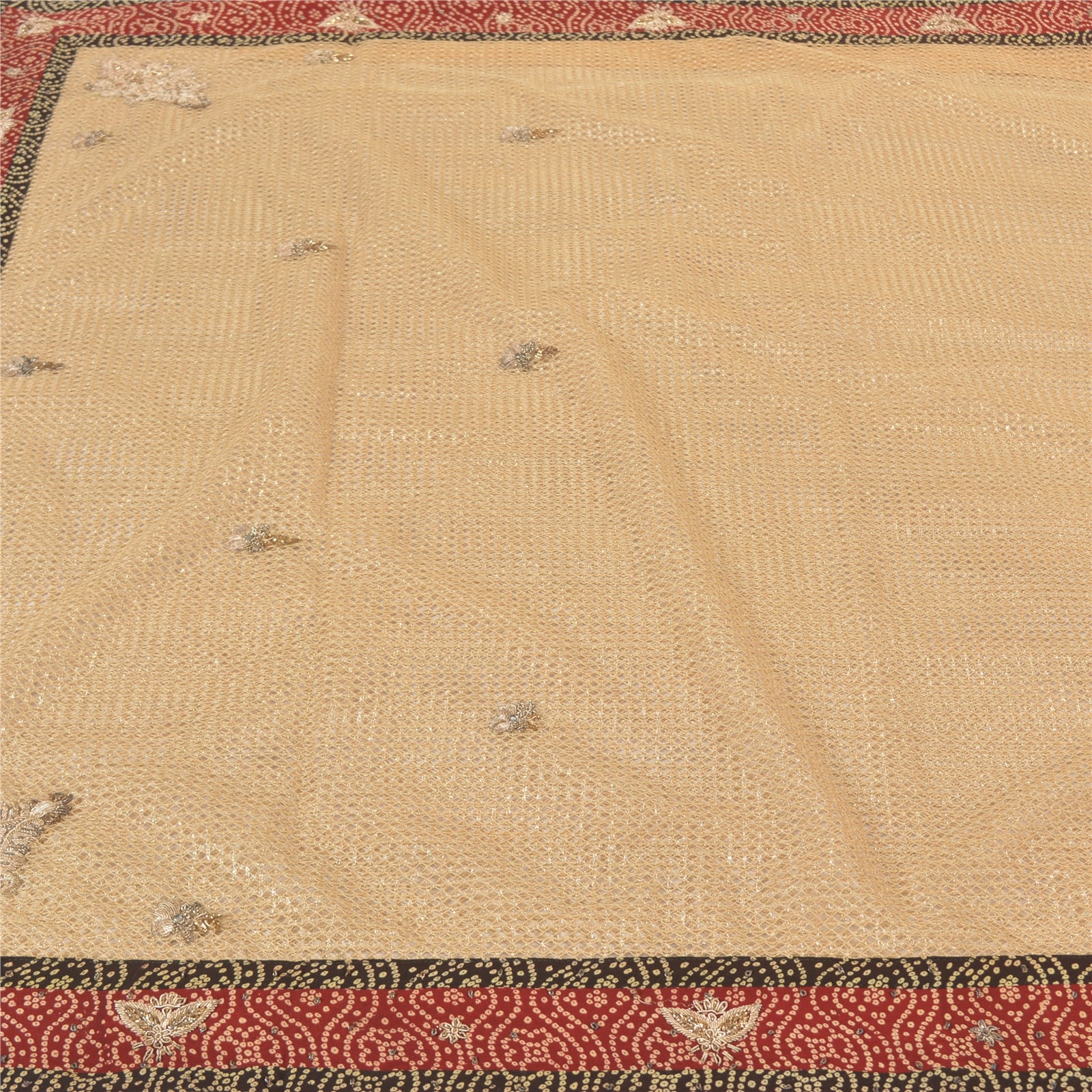 Sanskriti Vintage Sari Net Mesh Sarees Ivory Hand Beaded Zardozi Cultural 5 Yard Fabric Indian Heritage Textile Craft Supplies Material