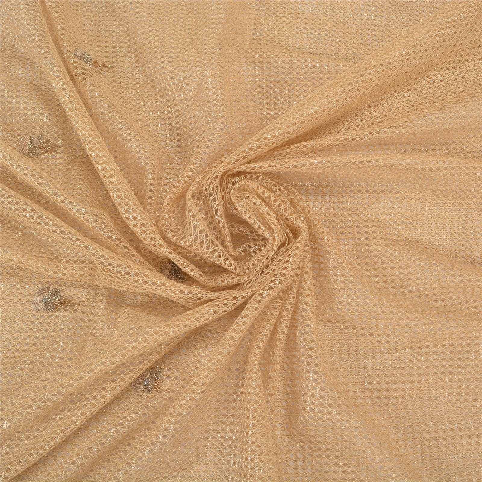 Sanskriti Vintage Sari Net Mesh Sarees Ivory Hand Beaded Zardozi Cultural 5 Yard Fabric Indian Heritage Textile Craft Supplies Material