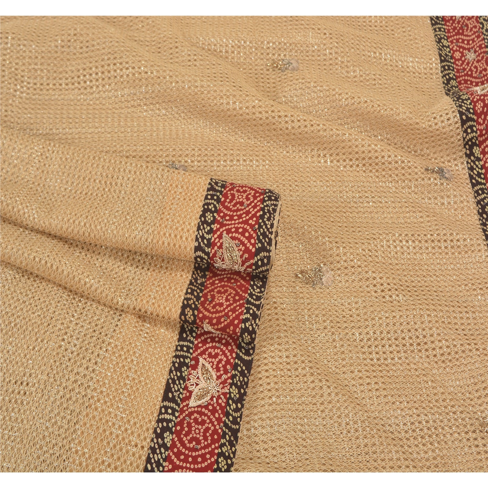 Sanskriti Vintage Sari Net Mesh Sarees Ivory Hand Beaded Zardozi Cultural 5 Yard Fabric Indian Heritage Textile Craft Supplies Material