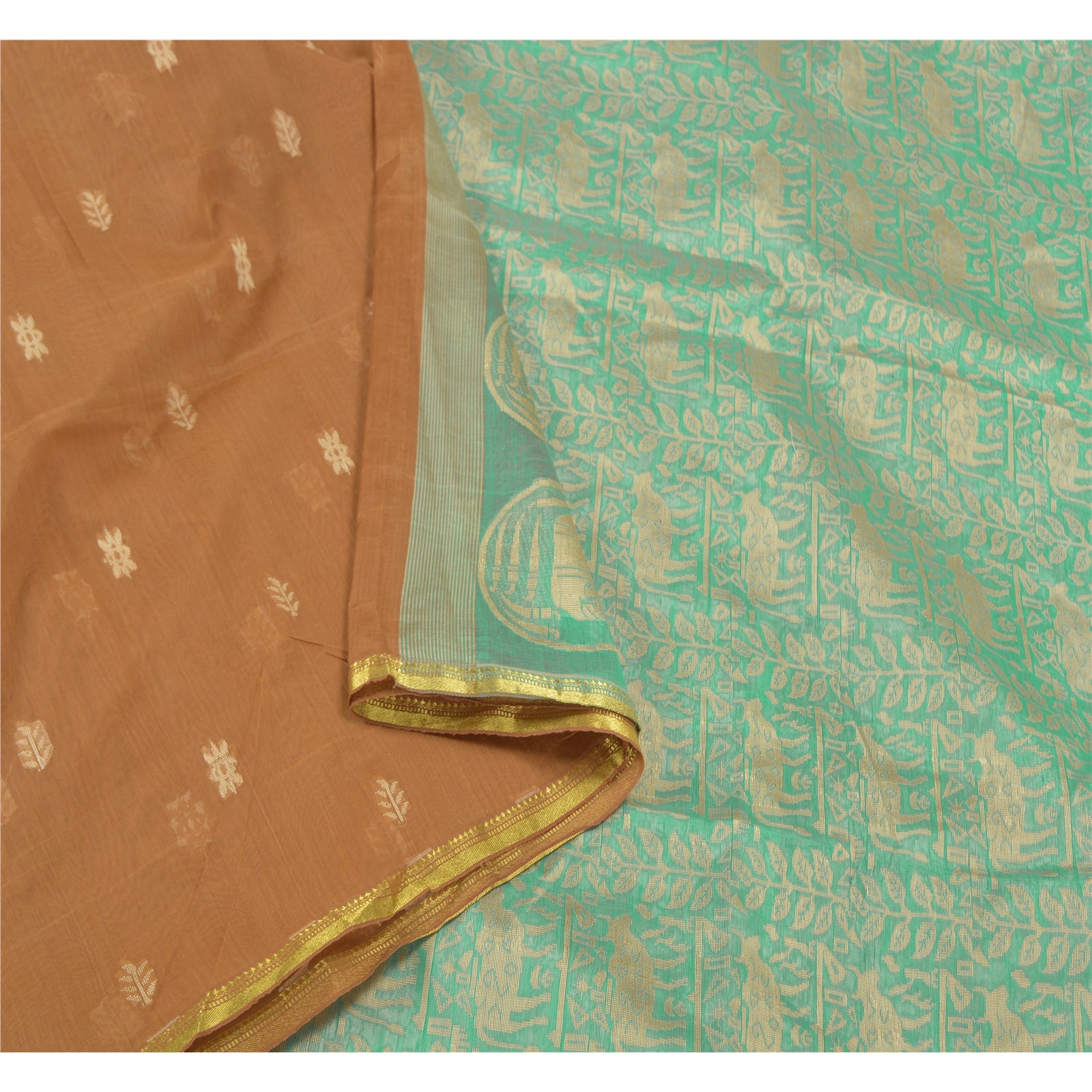 Sanskriti Vintage Pure Silk Sari: Woven Animal Print, Orange & Green 6yd Fabric Add-Elegance to Table Linen, Curtains, or Cushions