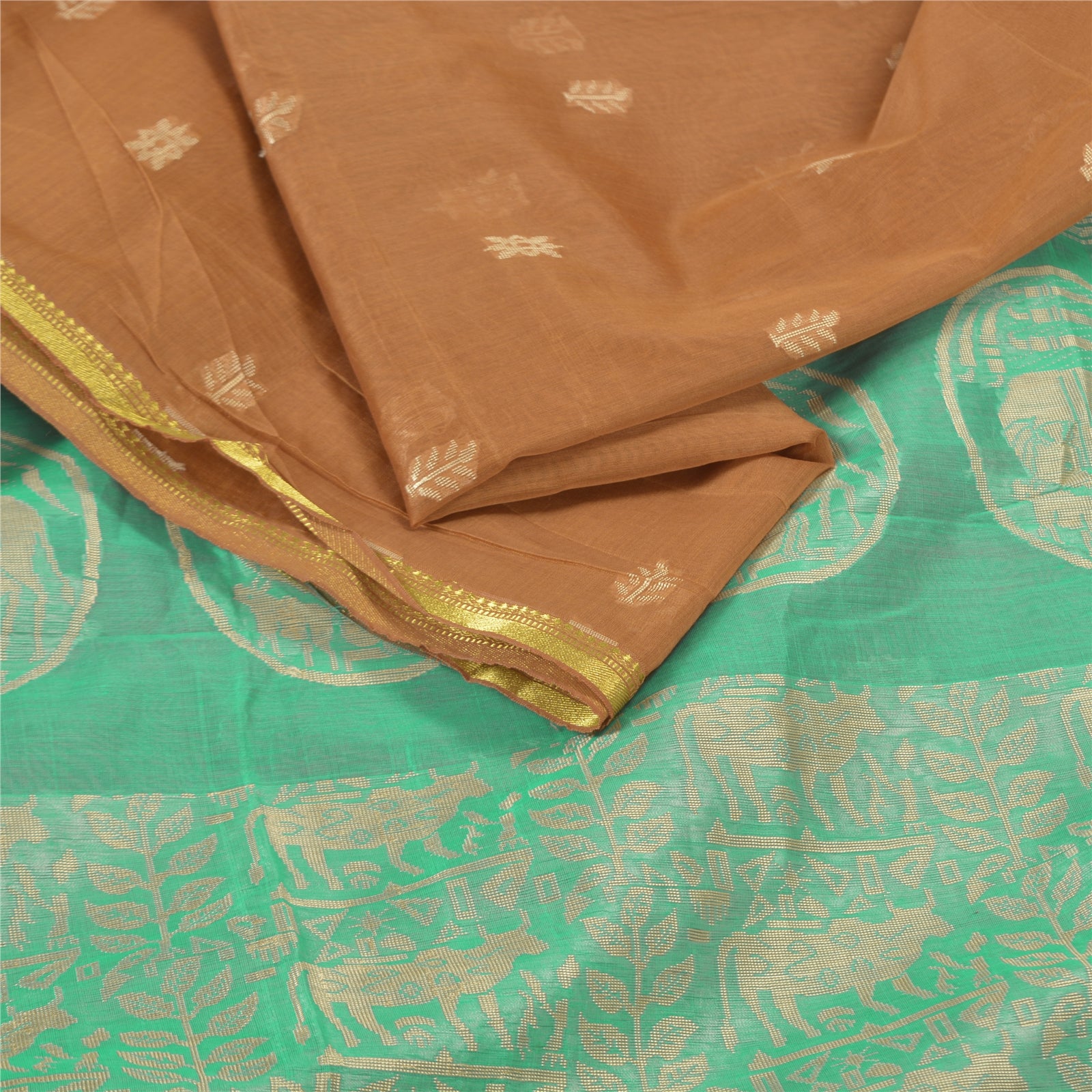 Sanskriti Vintage Pure Silk Sari: Woven Animal Print, Orange & Green 6yd Fabric Add-Elegance to Table Linen, Curtains, or Cushions