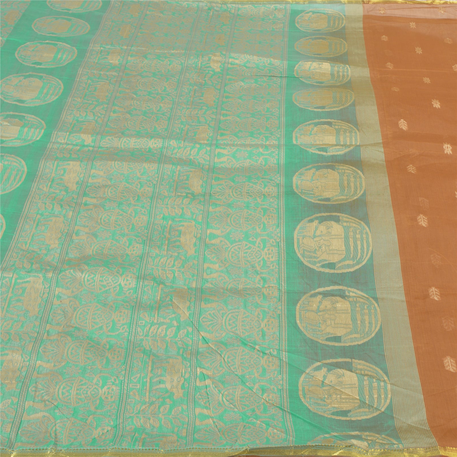 Sanskriti Vintage Pure Silk Sari: Woven Animal Print, Orange & Green 6yd Fabric Add-Elegance to Table Linen, Curtains, or Cushions