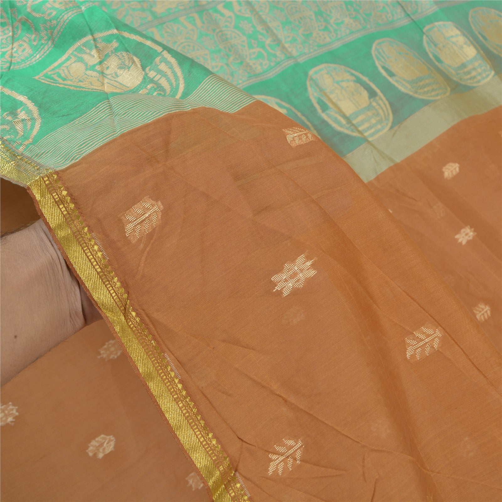 Sanskriti Vintage Pure Silk Sari: Woven Animal Print, Orange & Green 6yd Fabric Add-Elegance to Table Linen, Curtains, or Cushions