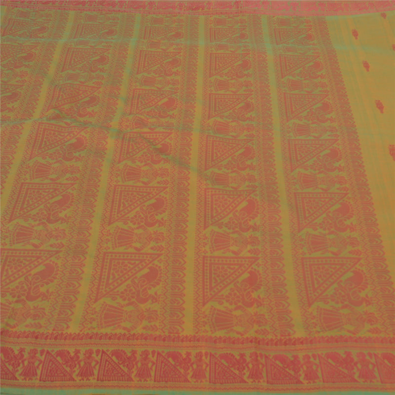 Sanskriti Vintage Sari Blend Silk Olive Green Saree Woven Baluchari Bengal Of India 5Yd Assorted Vintage Sari Scraps, Upcycled Remnant