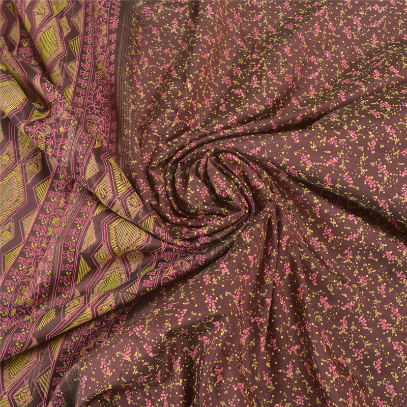 Sanskriti Vintage Printed Brown Pure Silk Sari Fabric - 5 Yard Vintage Floral Indian Saree Crafters & Upcyclers, Indian Eco-Friendly Fabric