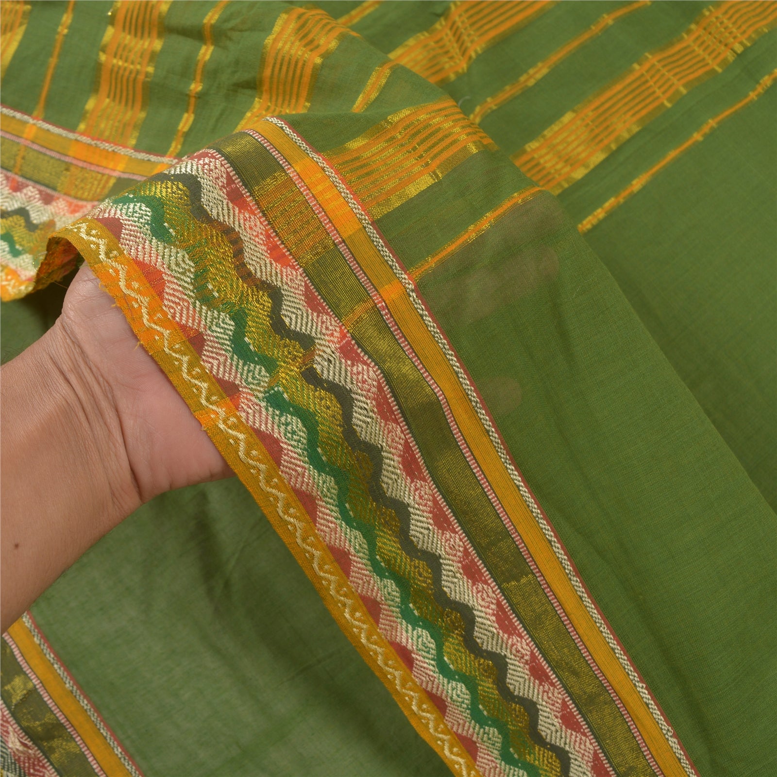 Sanskriti Vintage Green Sarees 100% Pure Cotton Woven Premium Sari Craft Sustainable Fabric