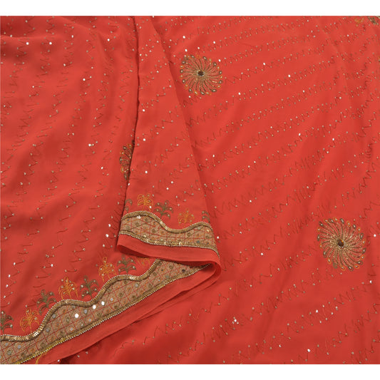 Санскритские винтажные красные сари Жоржетт, расшитые вручную бисером, культурное сари, ремесло, устойчивая ткань