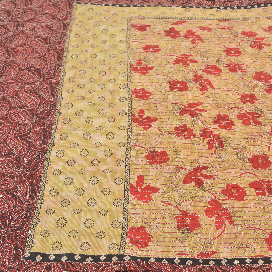 Sanskriti Vintage Ivory Sarees 100% Pure Crepe Silk Handmade Kantha Sari Fabric