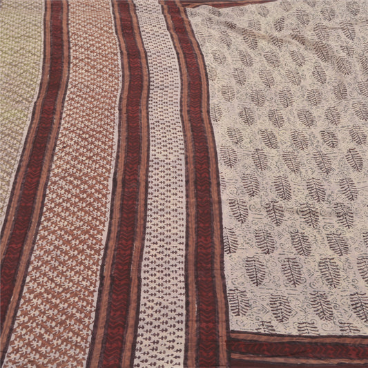 Sanskriti Vintage Cream Indian Sari Pure Cotton Block Printed Sarees Sustainable Fabric
