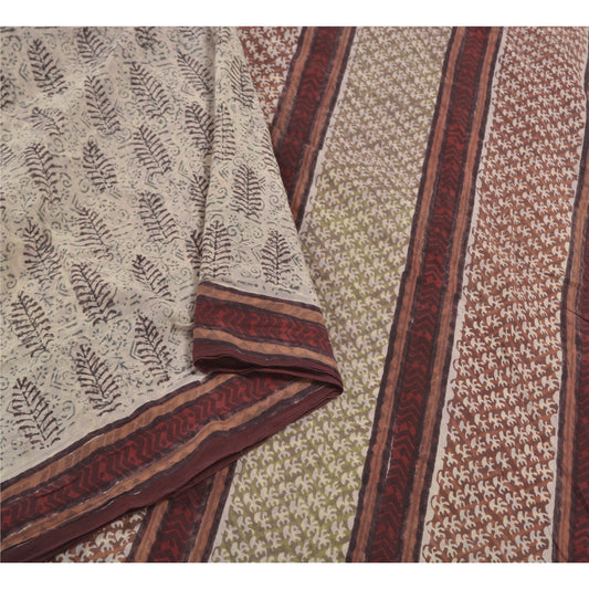 Sanskriti Vintage Cream Indian Sari Pure Cotton Block Printed Sarees Sustainable Fabric