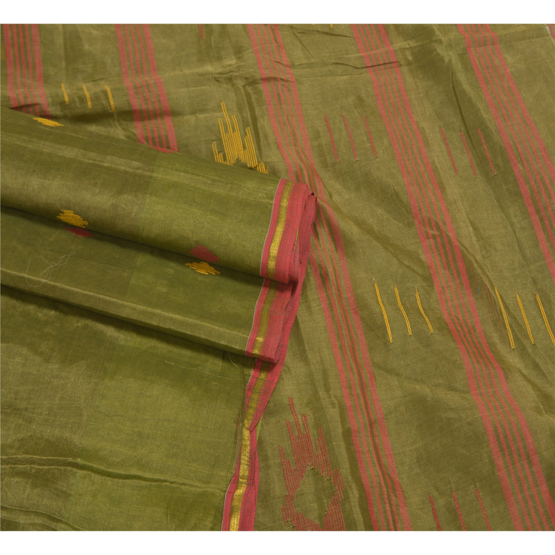 Sanskriti Vintage Green Sarees Pure Silk Hand-Woven Indian Tant Sari Sustainable Fabric