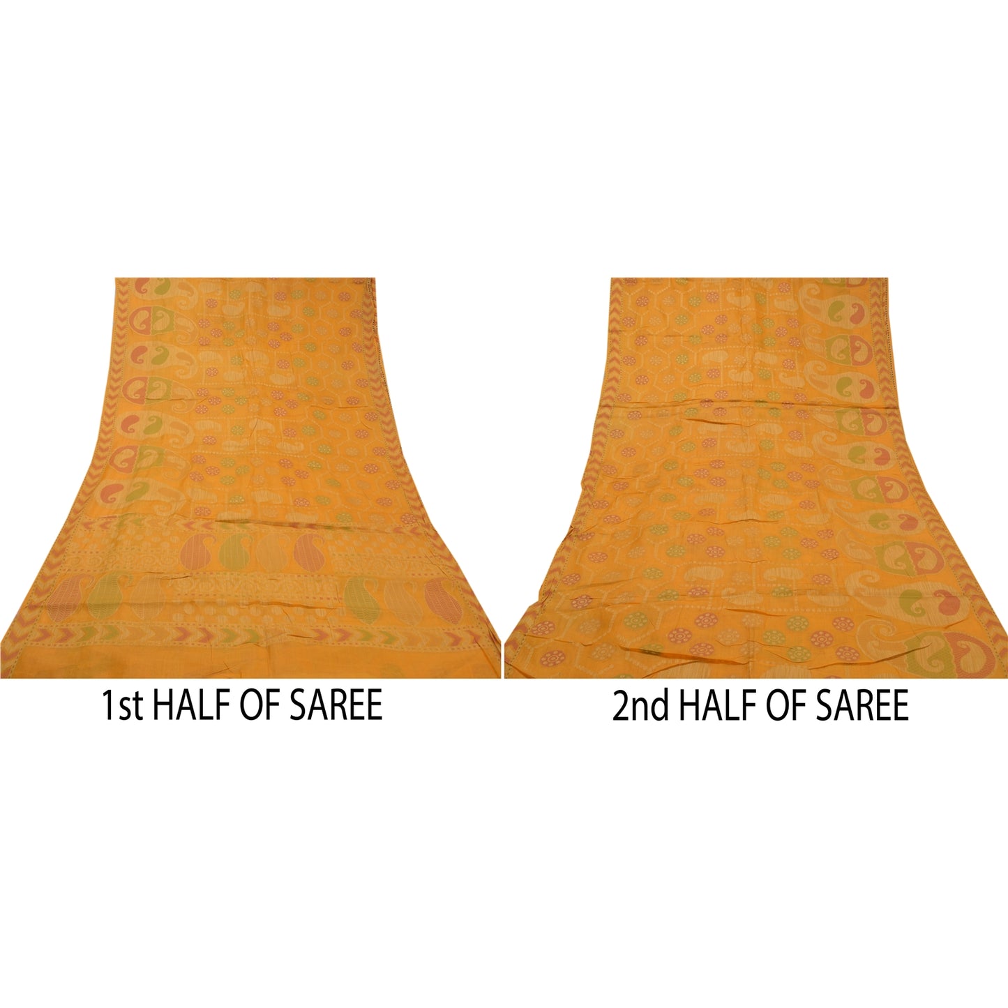 Sanskriti Vintage Saffron Indian Sarees Pure Silk Hand-Woven Craft Sari Sustainable Fabric